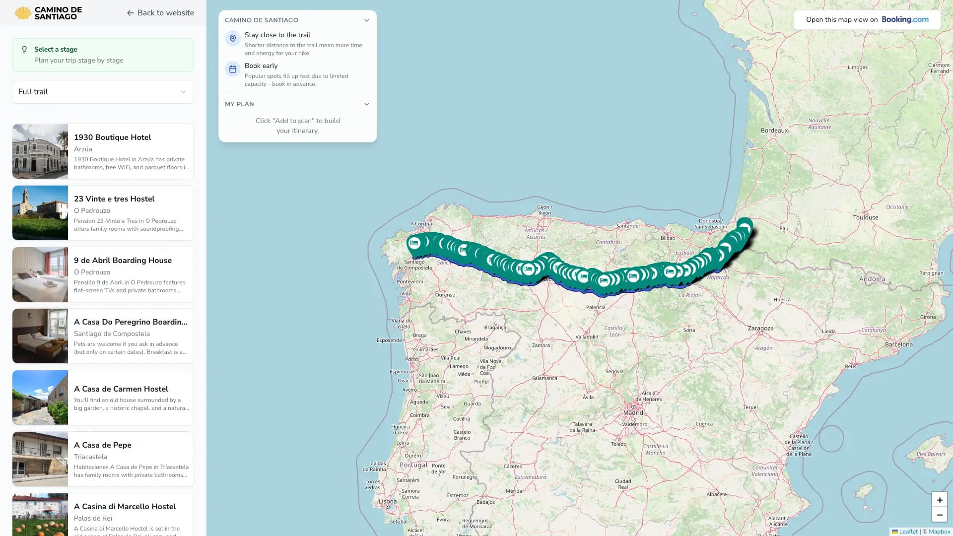 Planner map view with stages and accommodation along the trail